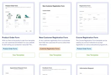 Jotform Template Selection Screen Featuring Various Registration and Order Forms