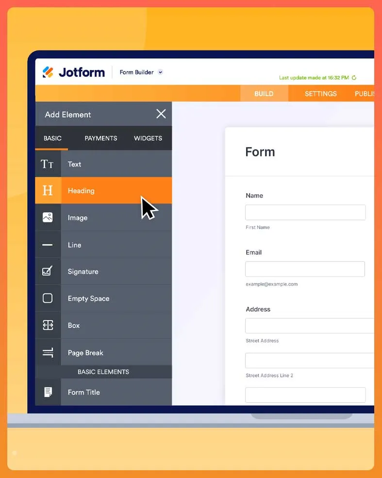 Jotform Form Builder Interface Showing Element Addition Menu