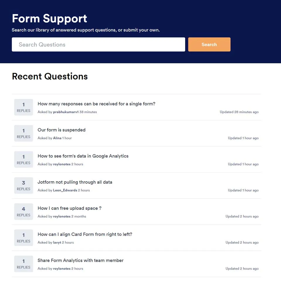 Jotform Support Page Displaying Recent User Questions and Search Functionality