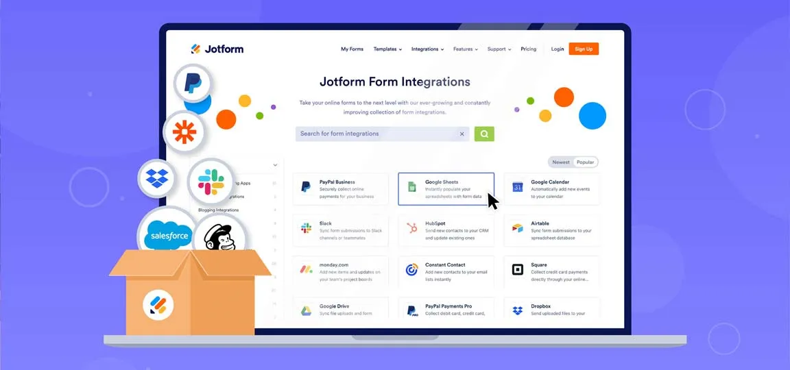 Jotform Form Integrations Page Displaying Various Digital Service Connectors