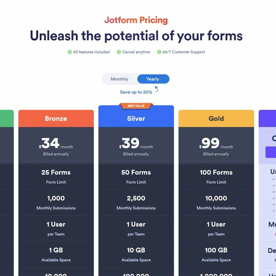 Jotform Pricing Tiers Display with Features for Bronze, Silver, and Gold Plans