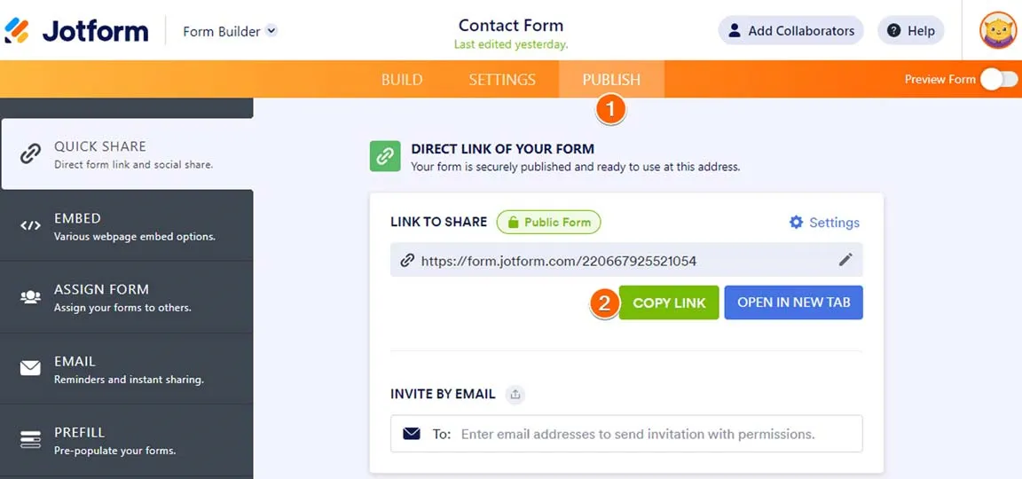 Jotform Publishing Options Screen for a Contact Form