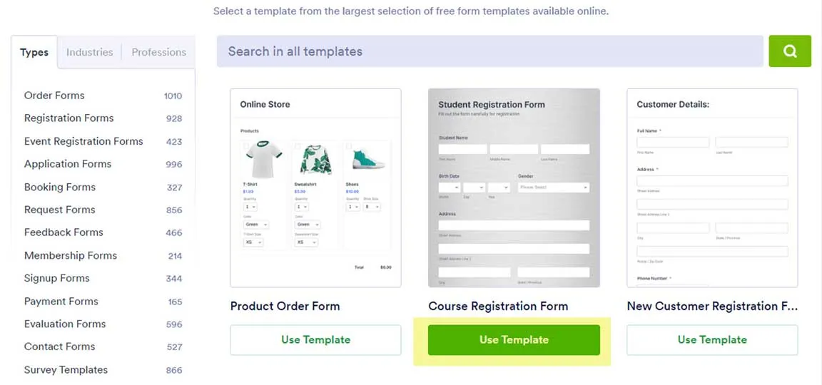 Jotform Template Gallery Showcasing Various Online Form Types