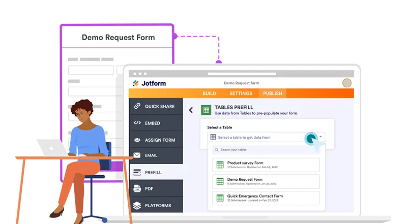 Animated Illustration of a Woman Using Jotform Interface to Customize a Demo Request Form