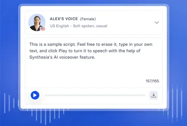 Synthesia AI Voice Generator Interface with Sample Script and Playback Options