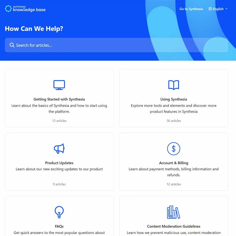 Synthesia AI Support Page with Help Categories