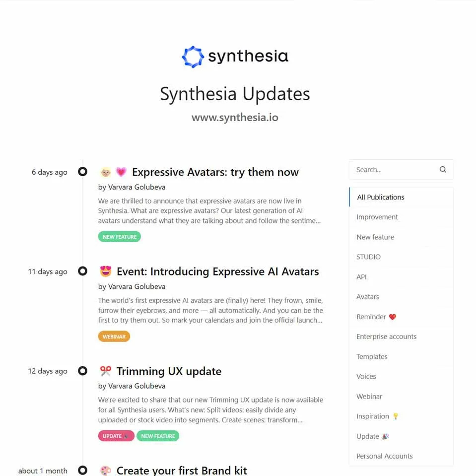 Synthesia AI Updates and Features Announcement Page