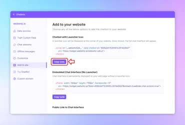 WebWhiz Interface to Add Chatbot to Website with Code Snippet Options