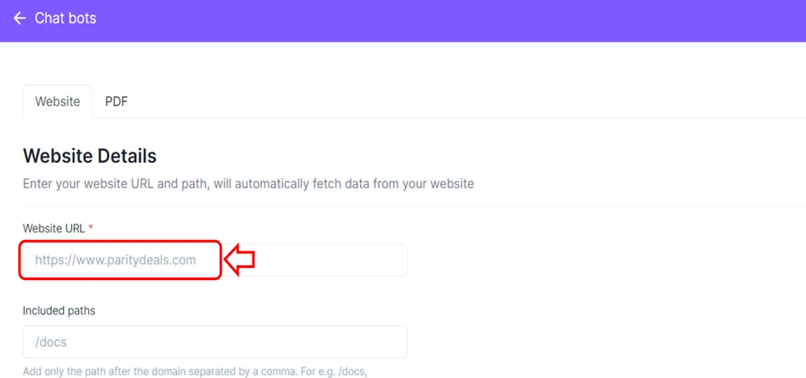 WebWhiz Website URL Input for Chatbot Configuration