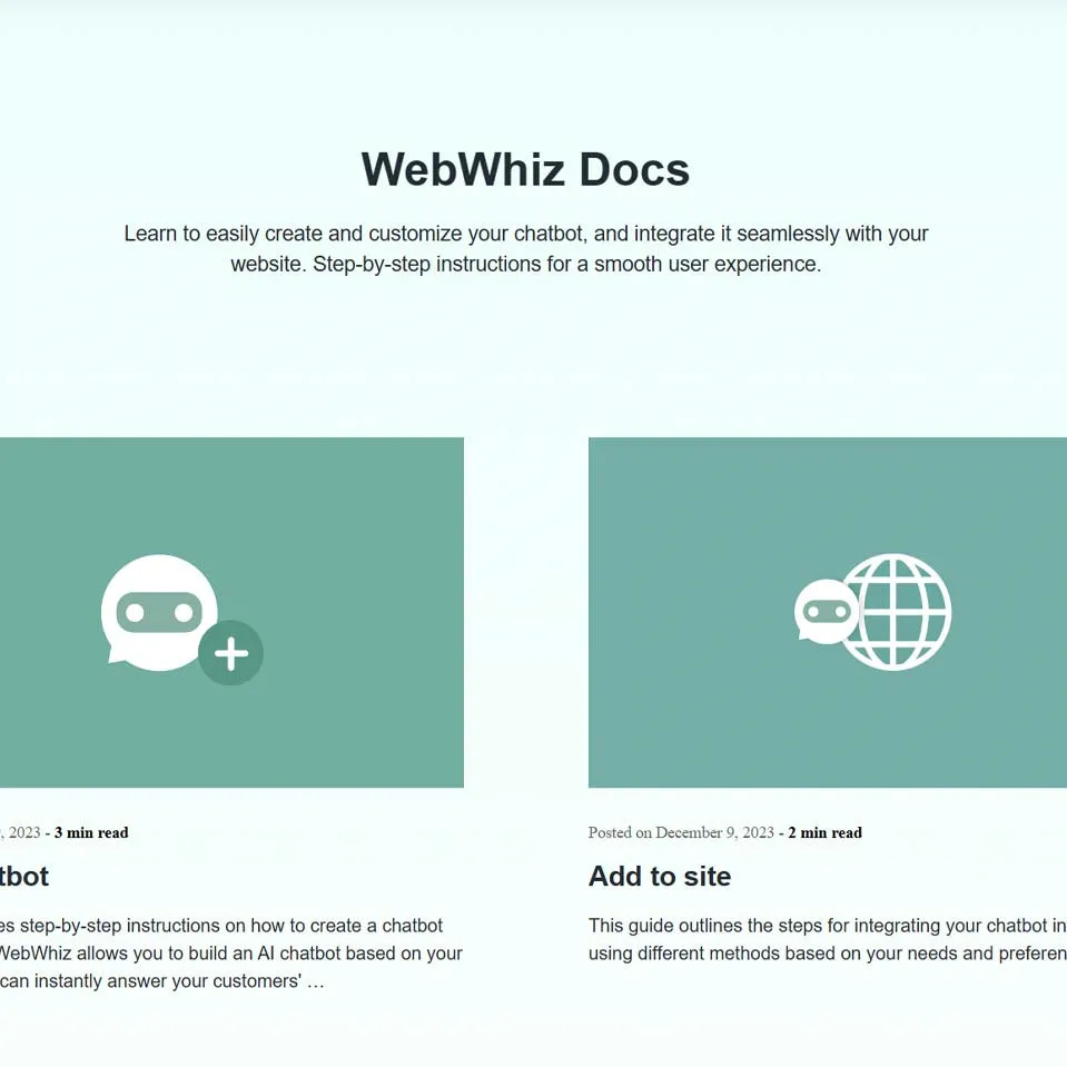 WebWhiz Documentation on Creating and Integrating Chatbots