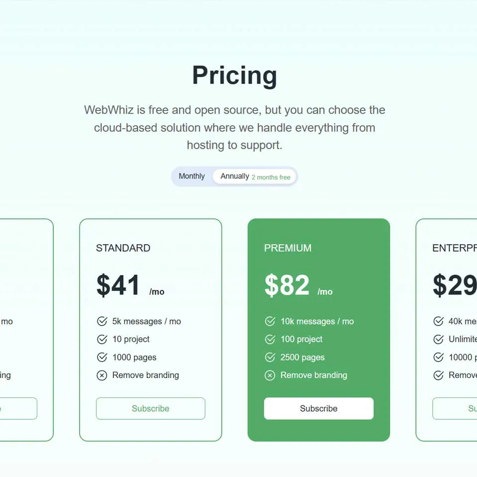 ebWhiz Chatbot Subscription Plans Comparison